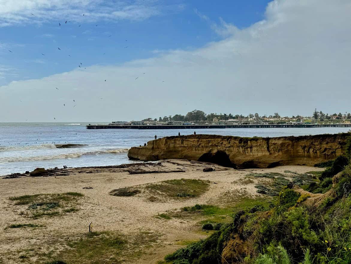 A coastal view of Seabright Beach with natural rock formations in the foreground, surfers in the water, and the Santa Cruz Wharf in the distance.