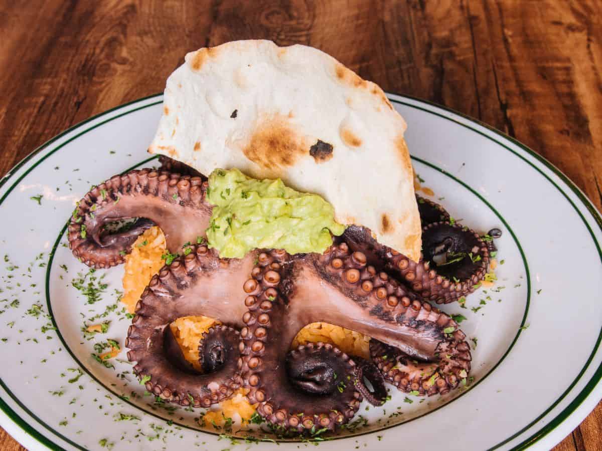 Grilled octopus tentacles served over a bed of rice with a side of guacamole and a soft tortilla, representing the unique and bold flavors of Best Seafood In Southern California. A delicious dish combining seafood with Mexican influences.