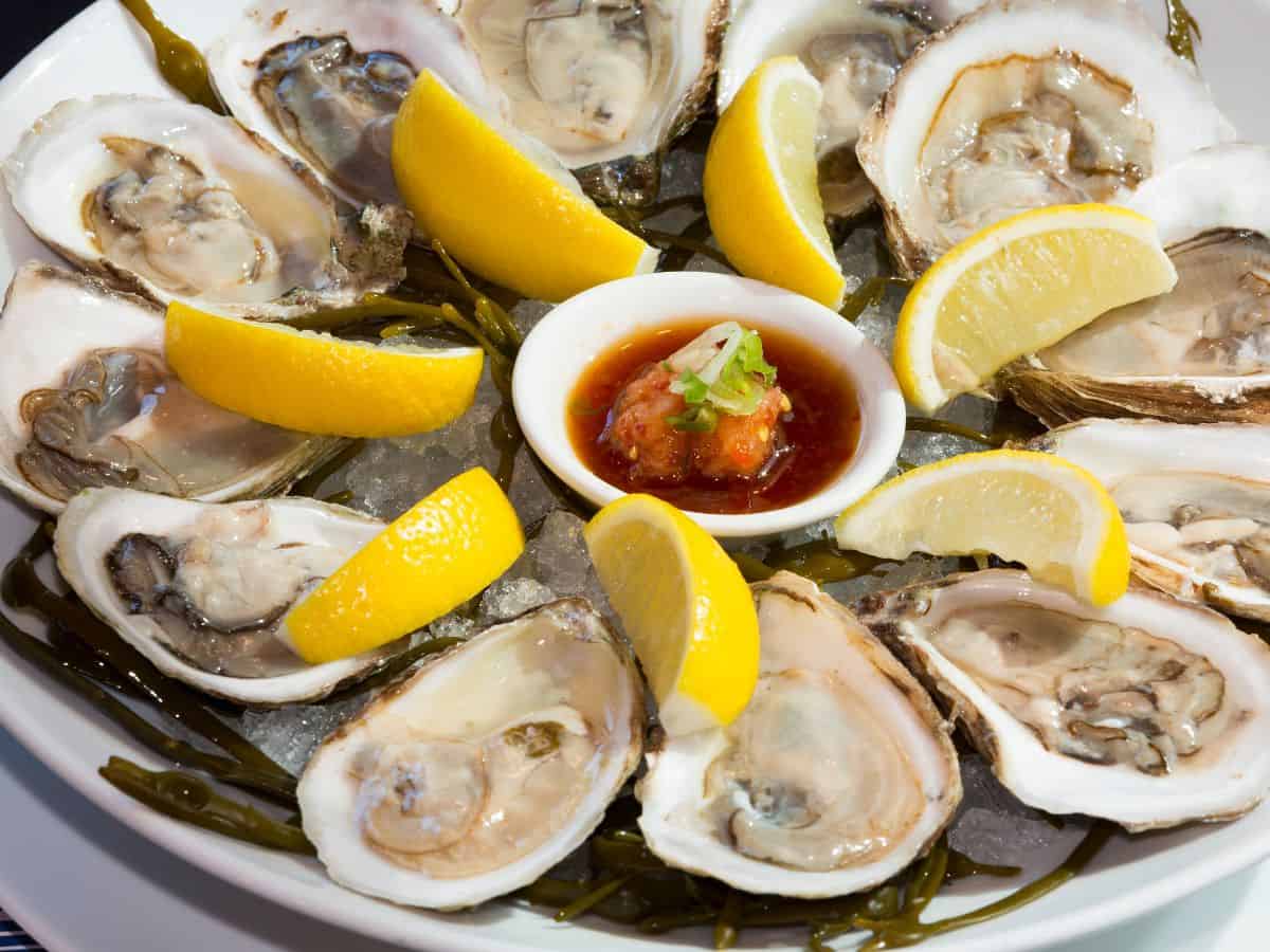 Fresh oysters served on a bed of ice with lemon wedges and a tangy dipping sauce, showcasing the exquisite quality of Best Seafood In Southern California. These oysters are perfect for seafood lovers seeking fresh and briny flavors.