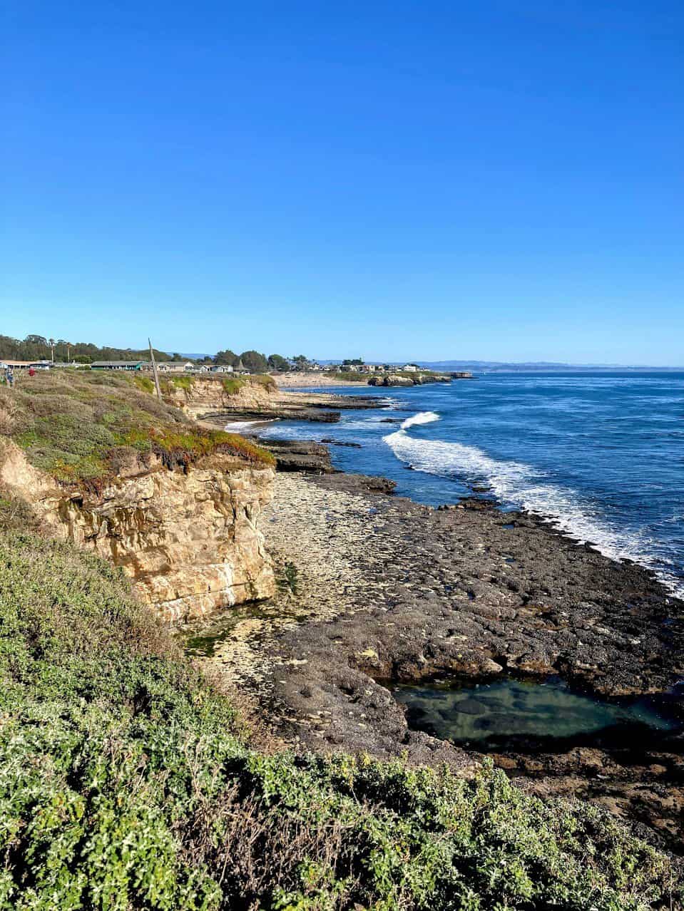 A scenic coastal view featuring rugged cliffs, tide pools, and waves crashing against the shoreline. The landscape is surrounded by greenery and a clear blue sky, with the ocean stretching into the horizon. Coastal homes and distant land are visible in the background.