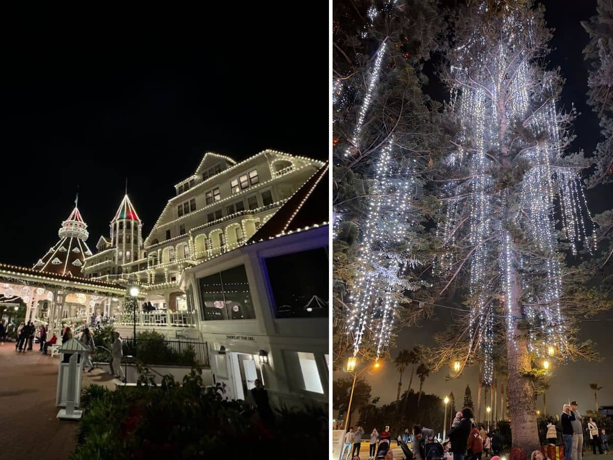 A festive evening view of the Hotel del Coronado, featuring its grand Victorian architecture adorned with warm white Christmas lights. The scene includes a large lit tree with cascading icicle lights, creating a magical holiday ambiance.