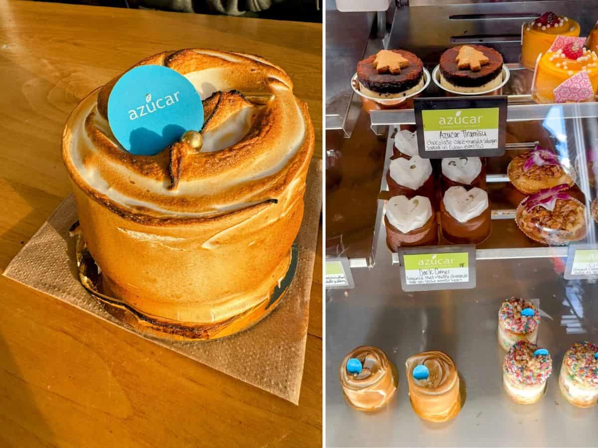 A deliciously detailed look at Azúcar desserts, including a toasted meringue cake topped with a branded blue card and a display of artful pastries such as tiramisu and heart-shaped treats.