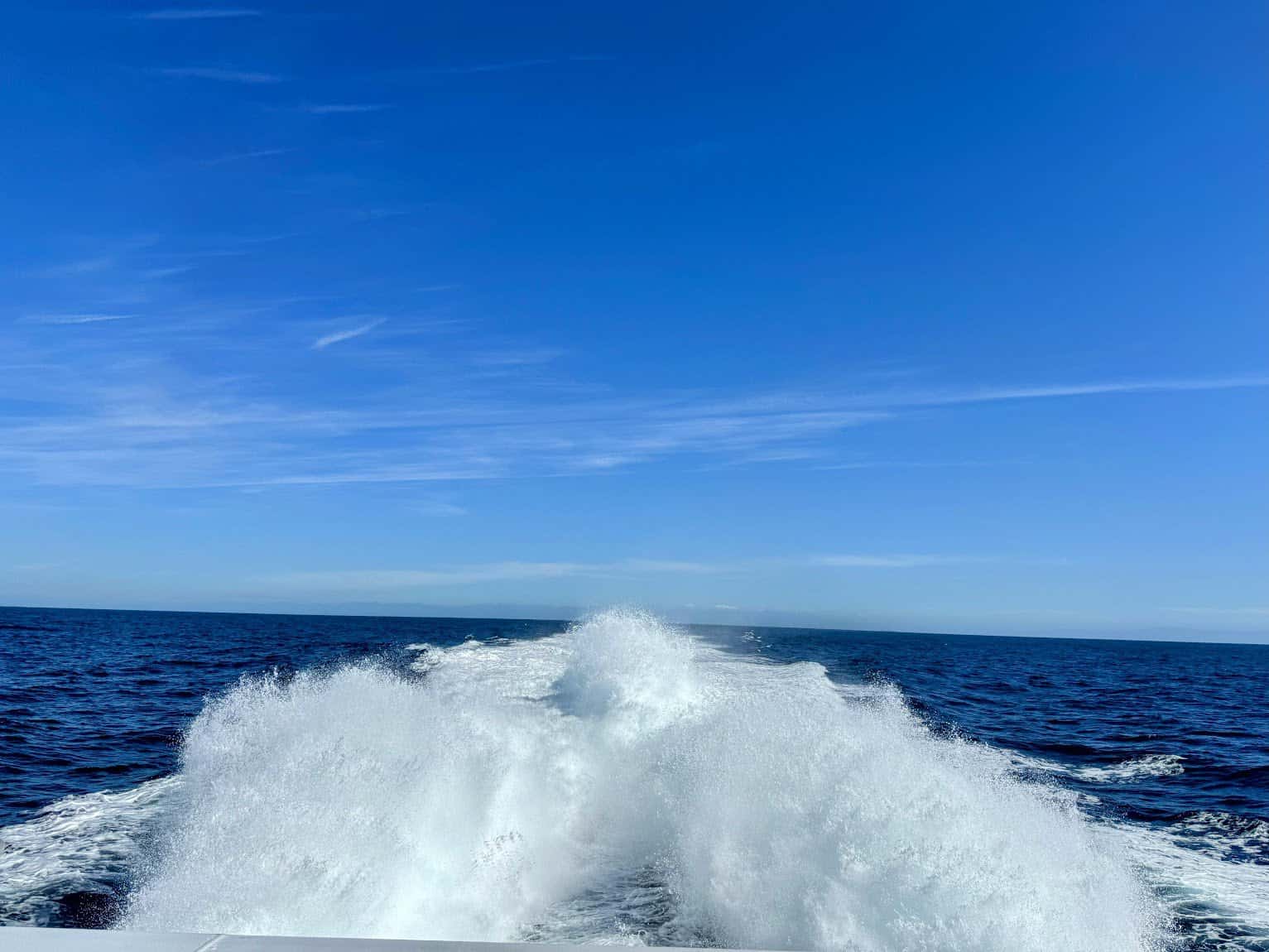 A view of ocean waves created by the ferry in motion, with a vast expanse of deep blue water meeting a clear blue sky.