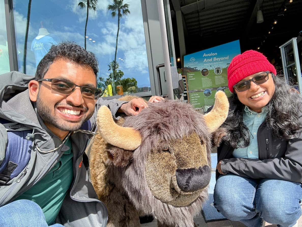 Kiran and Shreeyeh posing next to a stuffed bison statue in Avalon, with palm trees and a “Visit Avalon” store sign in the background.