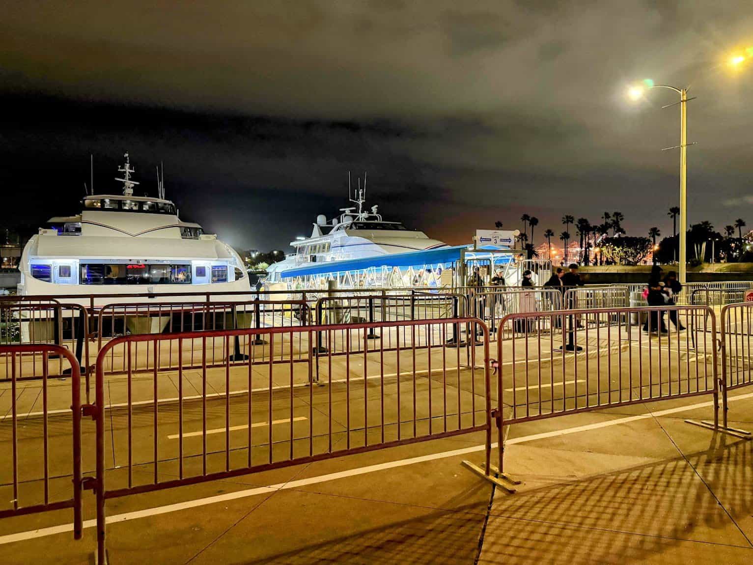 Night view of a ferry dock featuring two illuminated ferries ready for boarding, with silhouettes of palm trees and lights reflecting on the water. The scene captures the vibrant atmosphere of the Catalina Island ferry terminal.