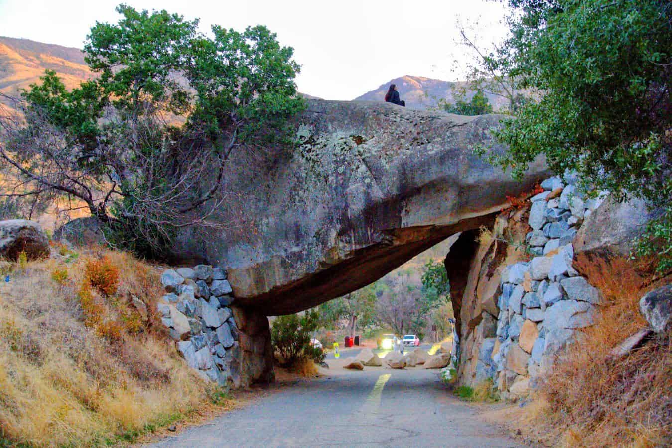 A natural rock tunnel with a paved road passing through it, framed by rocky outcrops and shrubbery, captured during twilight, highlighting the park's geological features.