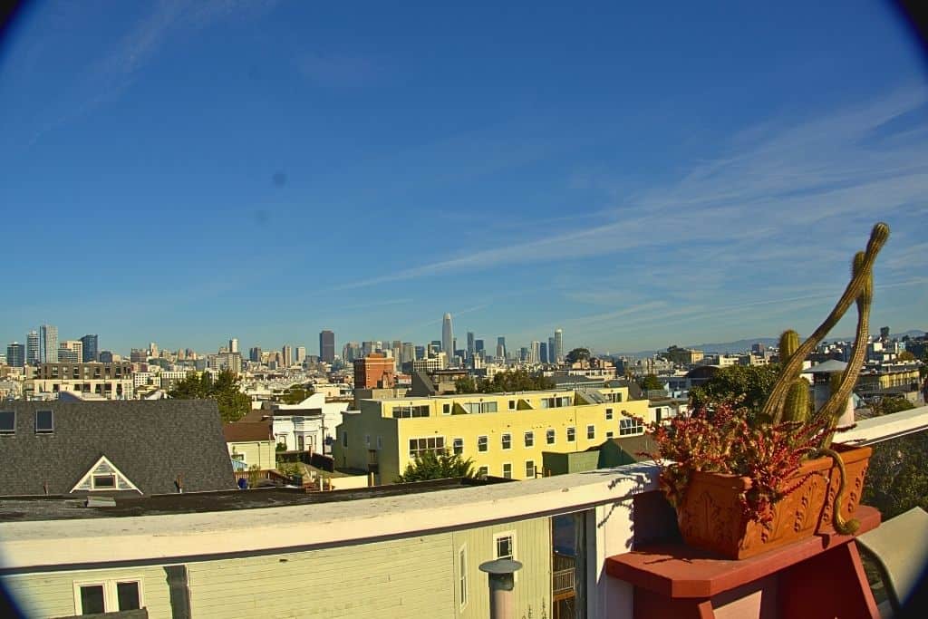 A panoramic view from a rooftop displaying a sweeping cityscape of San Francisco, with modern skyscrapers rising behind a foreground of residential buildings under a clear blue sky.