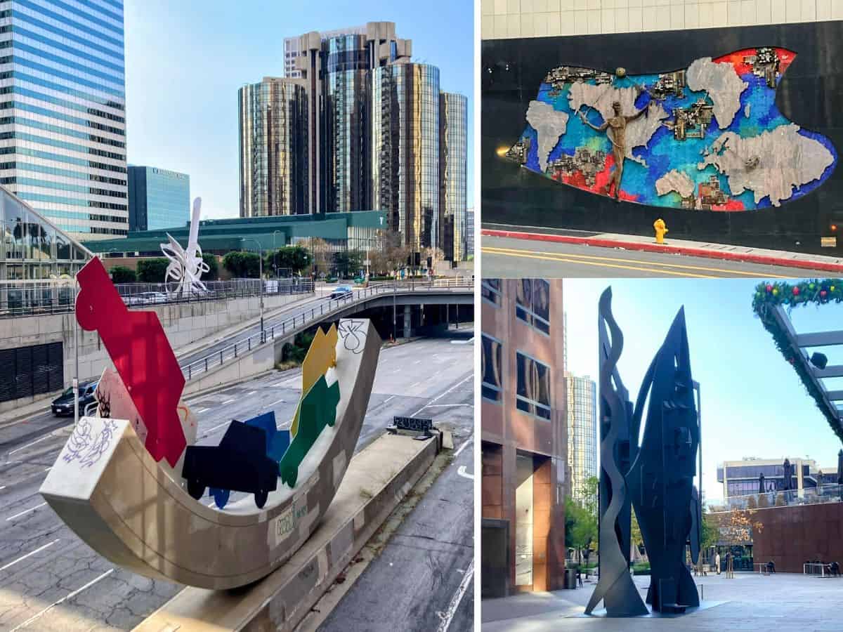 A collage showcasing contemporary public art installations in downtown Los Angeles, including a sculpture of colorful cars and a textured mural with vibrant designs.