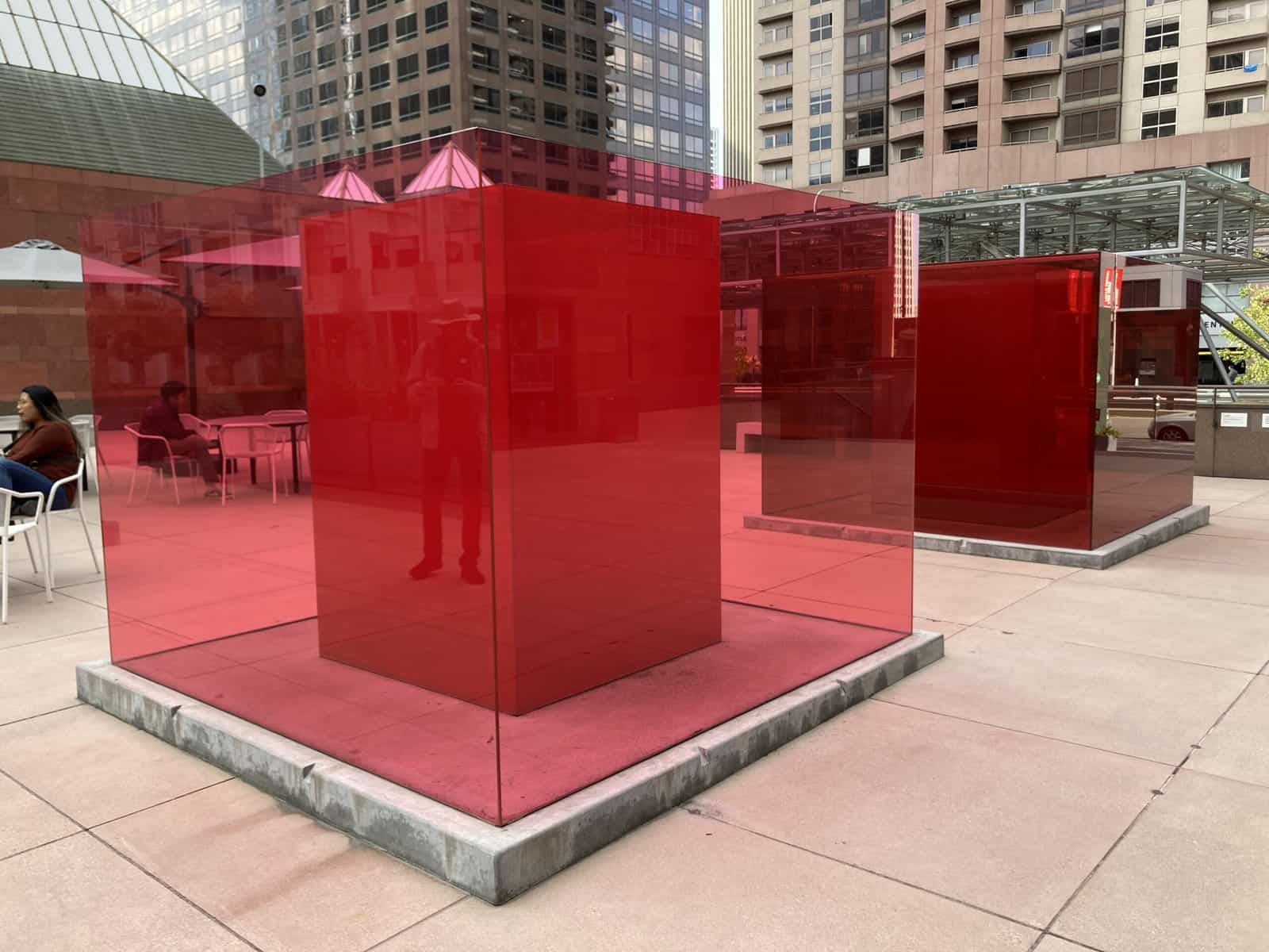 Red cube-like structures at MoCA's plaza - if you enjoy outdoor public art, check out this free thing to do in Downtown LA.