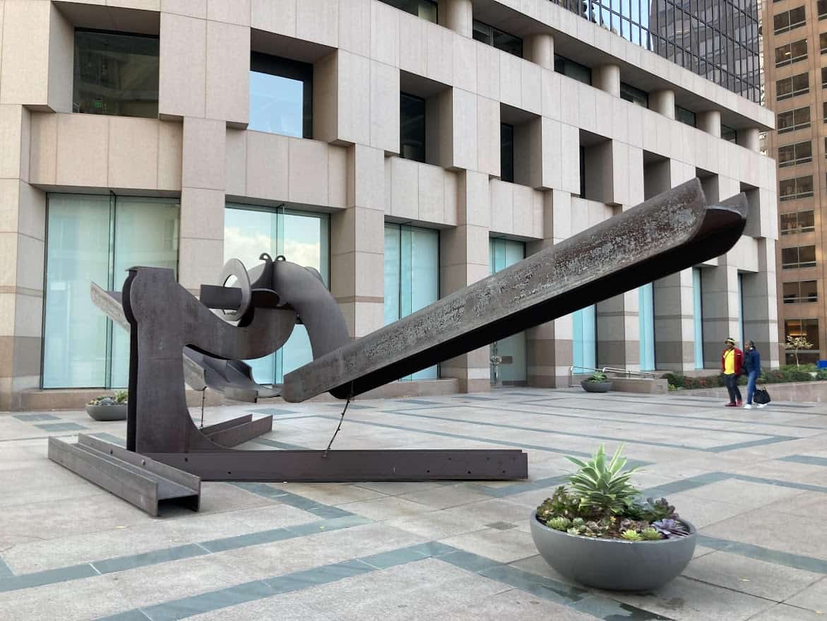 A large outdoor sculpture in a plaza, one of many public artworks in downtown Los Angeles that can be enjoyed for free.