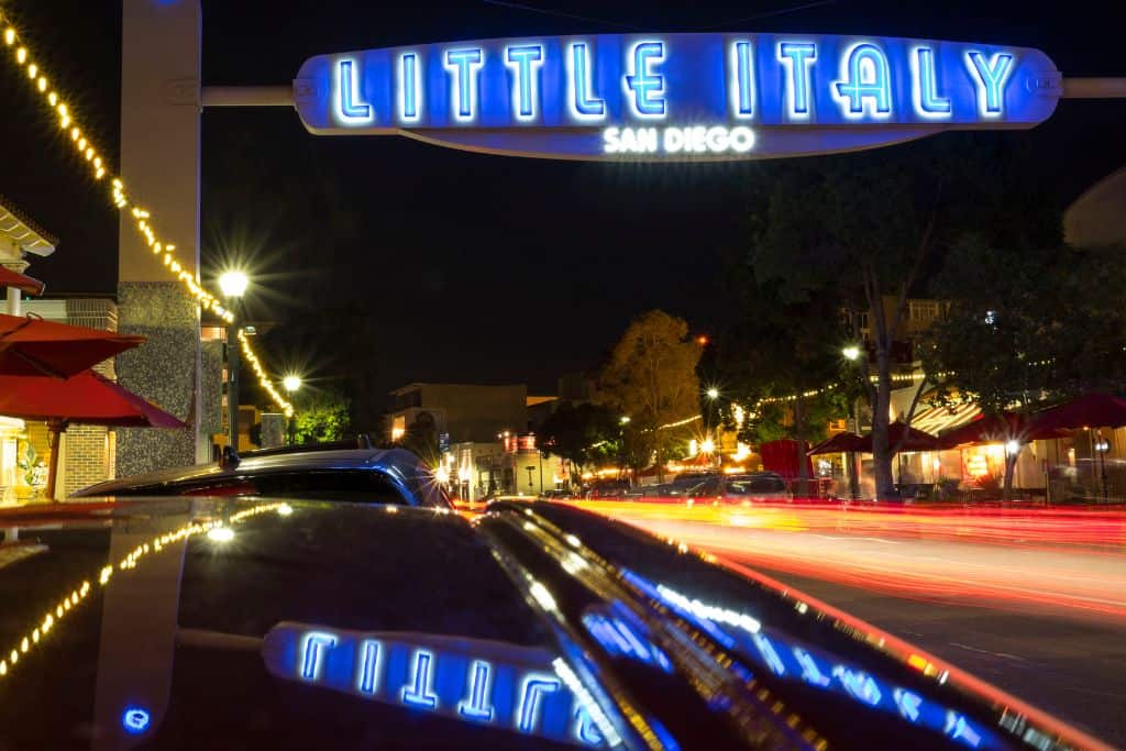 Little Italy sign at night. Little Italy San Diego is the place to get the best pizzas in San Diego.