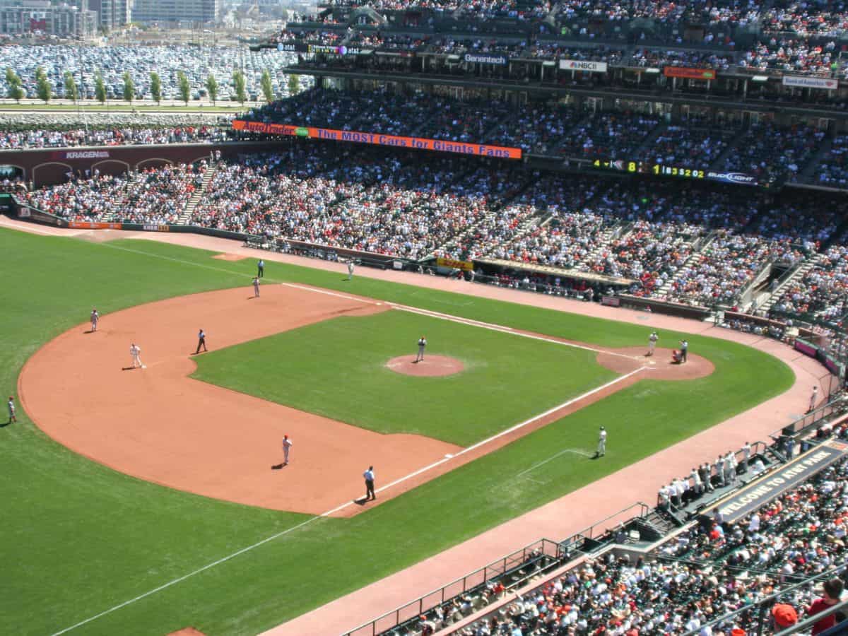 A view of Oracle Park during a baseball game, with a packed crowd and the San Francisco skyline in the background. Attending a game at Oracle Park is a favorite activity among things to do in San Francisco for sports enthusiasts.