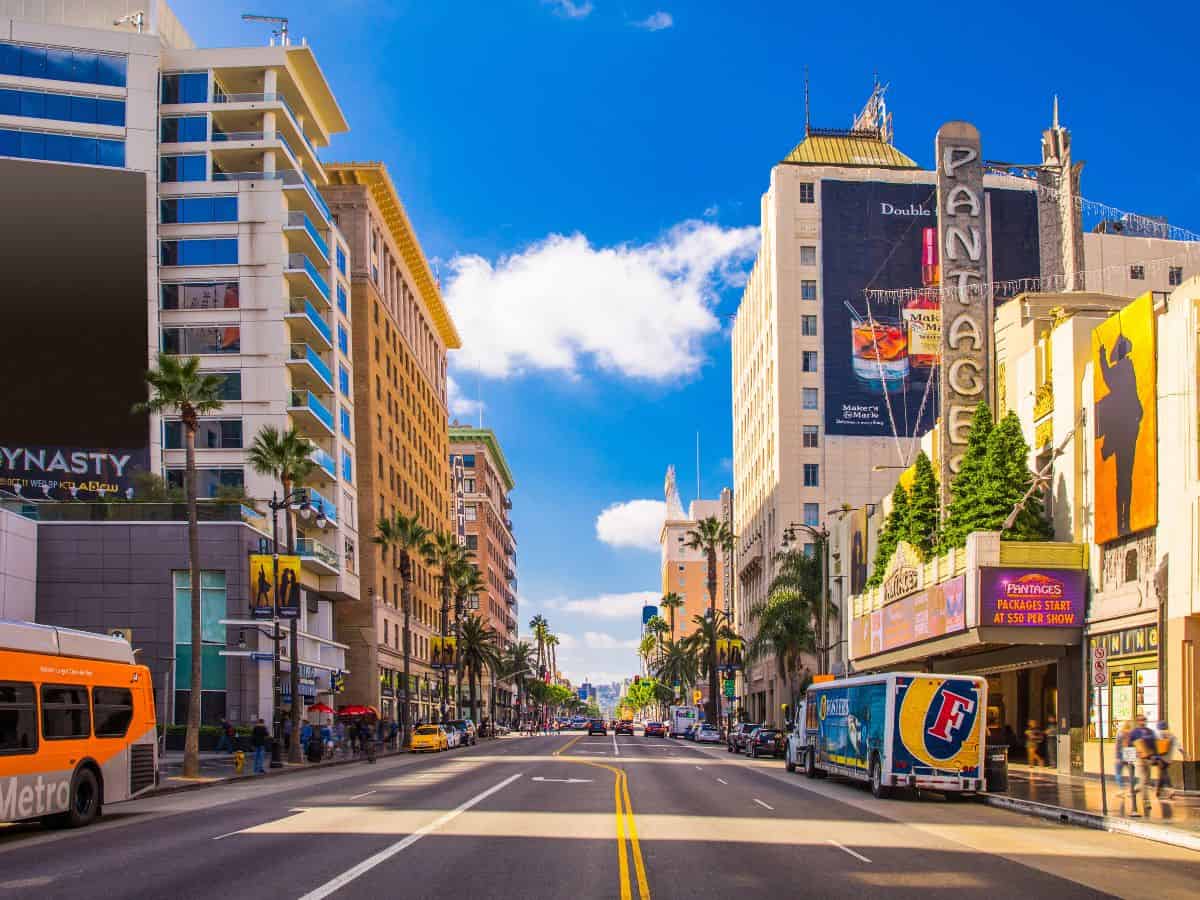 Busy street scene on Sunset Boulevard in Los Angeles, showcasing bustling city life with palm-lined streets, vibrant billboards, and a variety of modern and historic buildings, representing iconic urban things to do in Los Angeles.