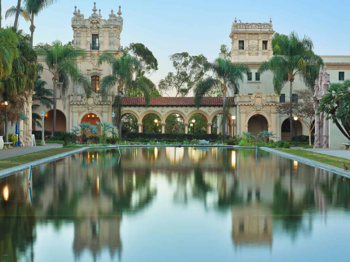 Reflecting pool and Spanish Renaissance-style architecture in Balboa Park, one of the cultural treasures of San Diego.
