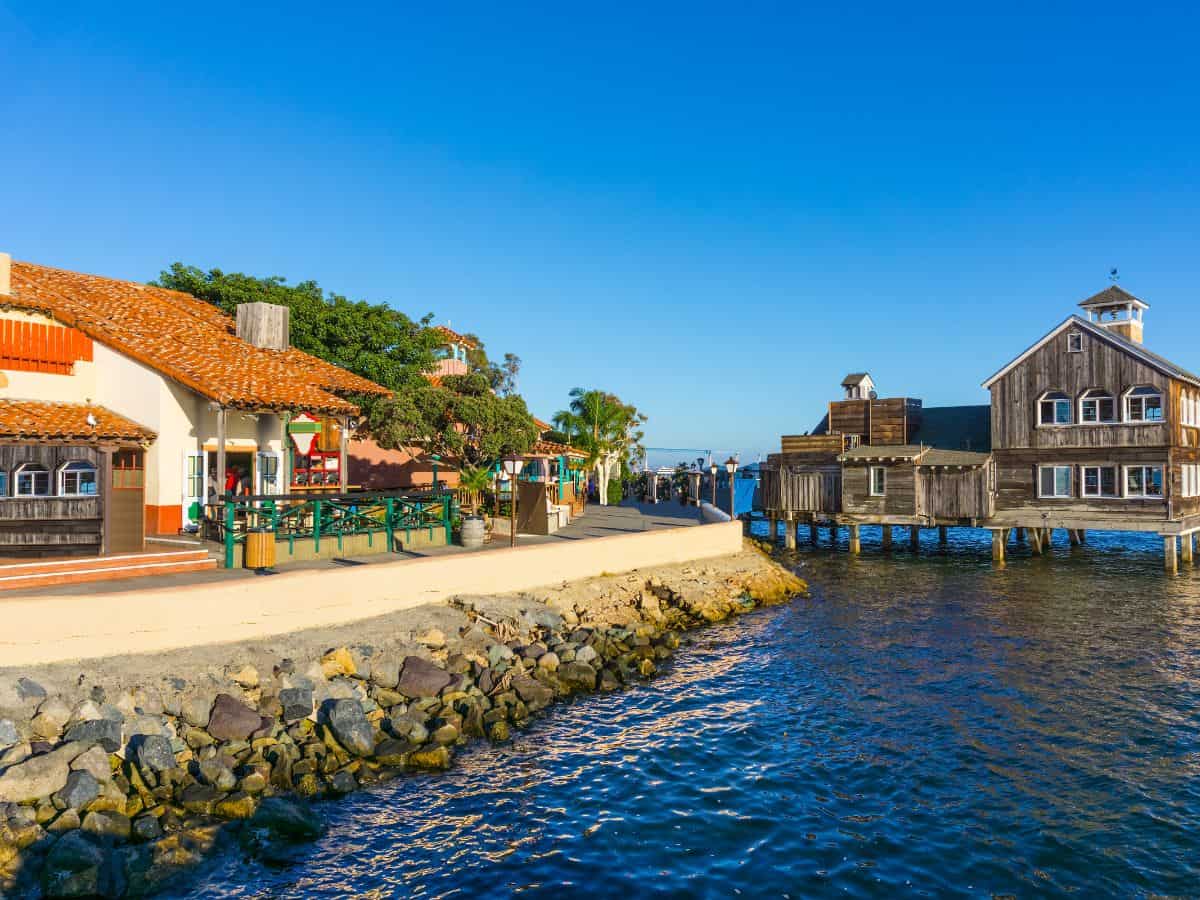 Waterfront shops and restaurants at Seaport Village, a charming and scenic place to visit in San Diego.