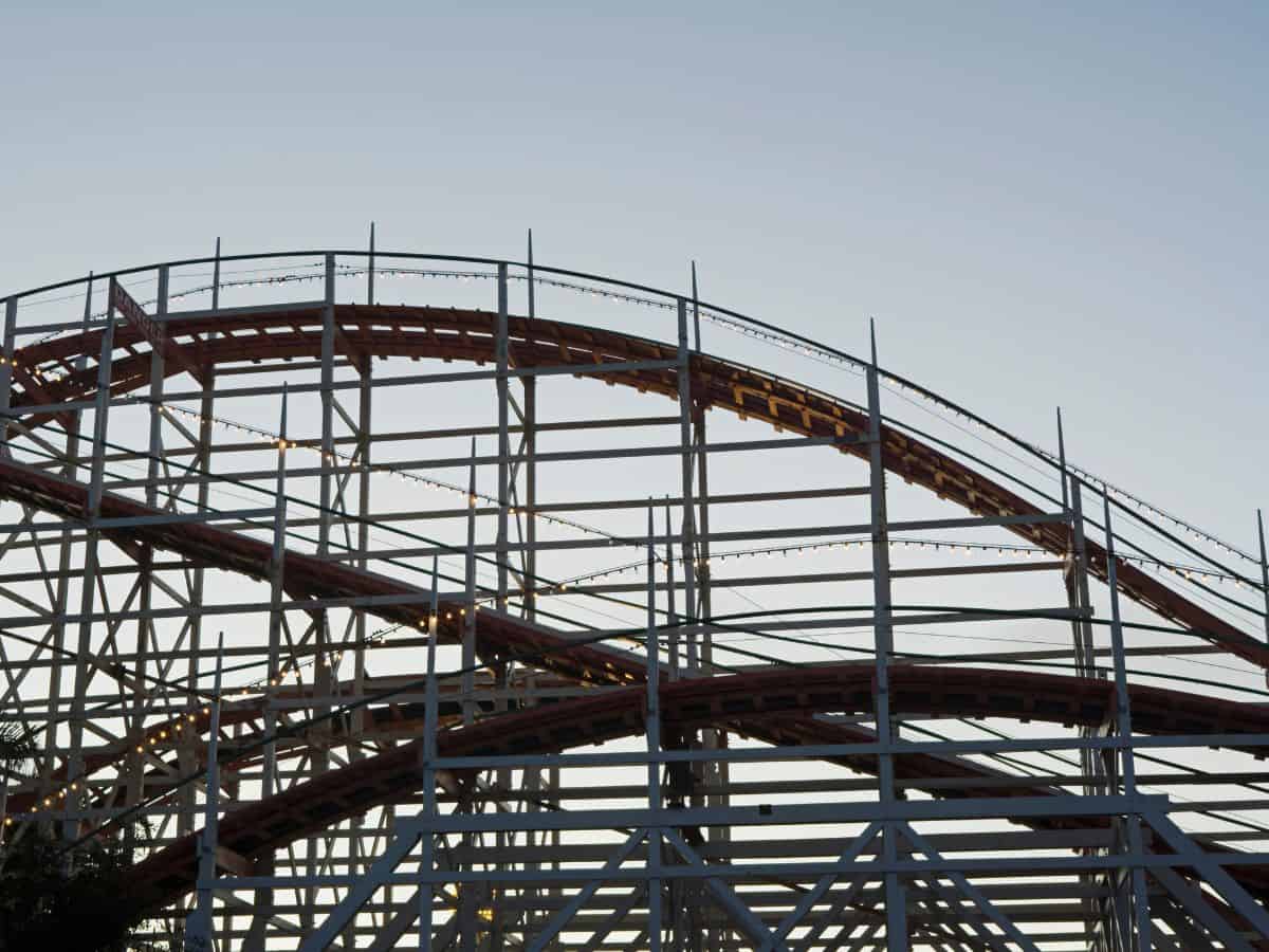The classic wooden roller coaster at Belmont Park, a historic amusement park in San Diego. Riding the roller coaster is one of the thrilling things to do in San Diego, offering fun and excitement right by the beach.