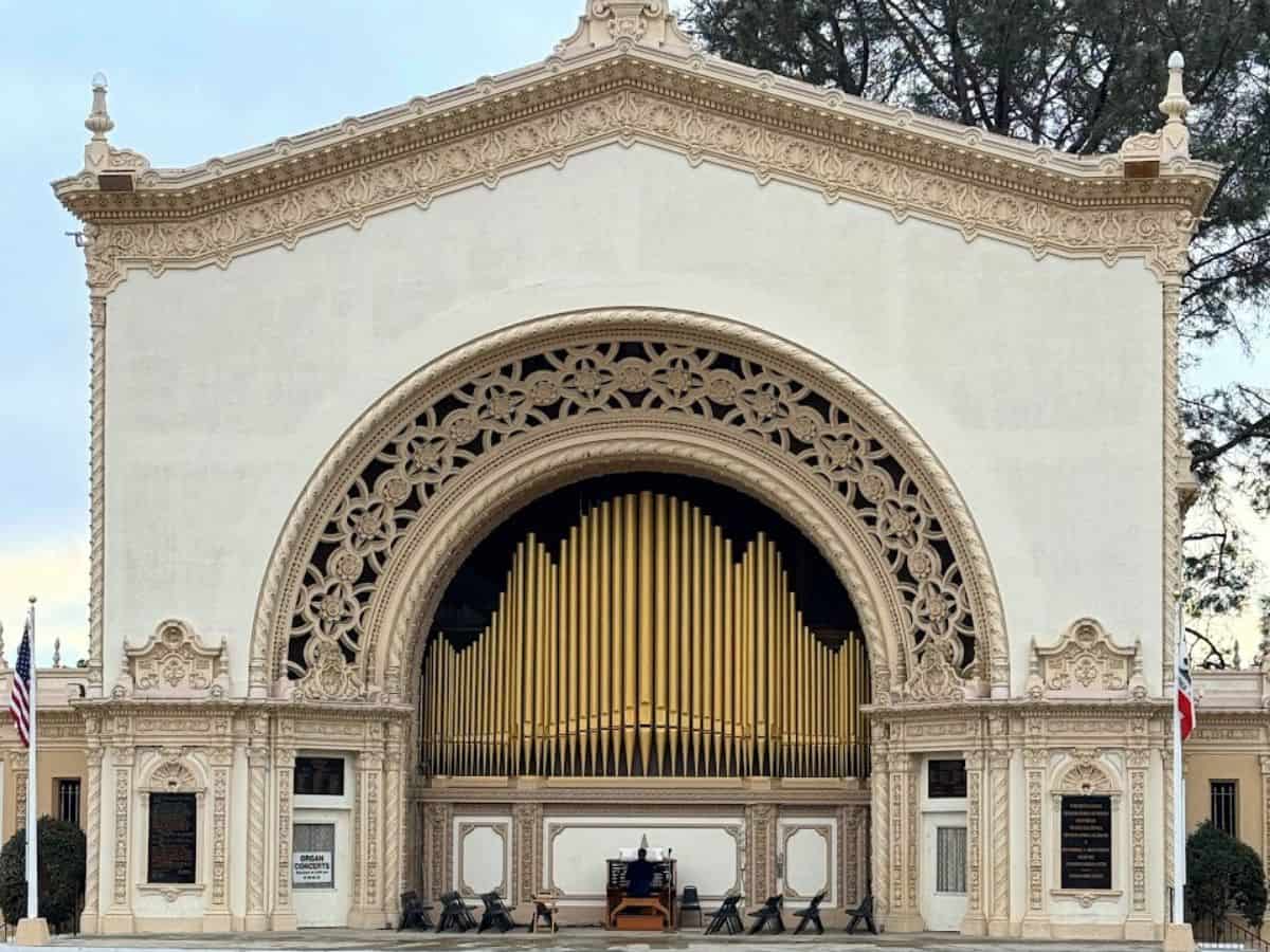 The grand Spreckels Organ Pavilion in Balboa Park, home to the world’s largest outdoor pipe organ and a free concert venue in San Diego.