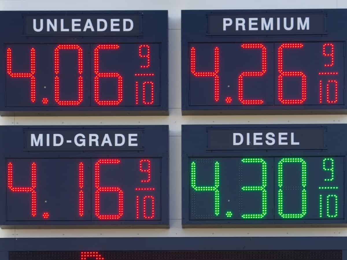 A digital gas price sign showing various gas grades with high prices. This highlights California’s high gas taxes, one of the key reasons why California is so expensive.