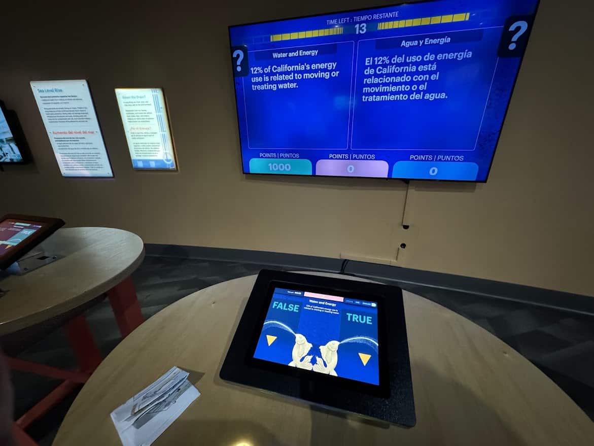 Interactive quiz stations with water conservation trivia, part of the H2O Show exhibit, challenging visitors' knowledge about water usage and sustainability.