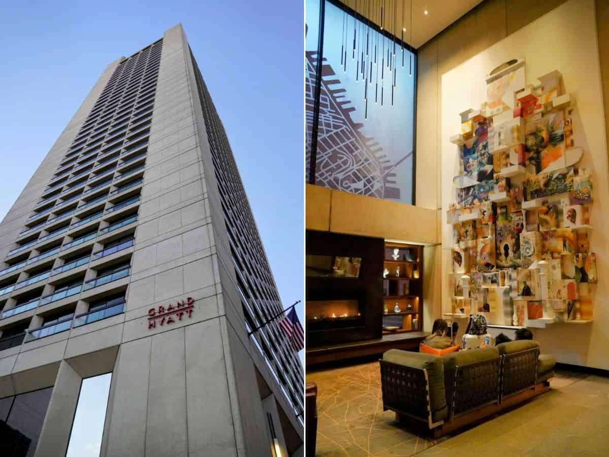 A view of the towering Grand Hyatt San Francisco alongside its modern lobby, featuring a stunning art installation and a comfortable seating area by a sleek fireplace.