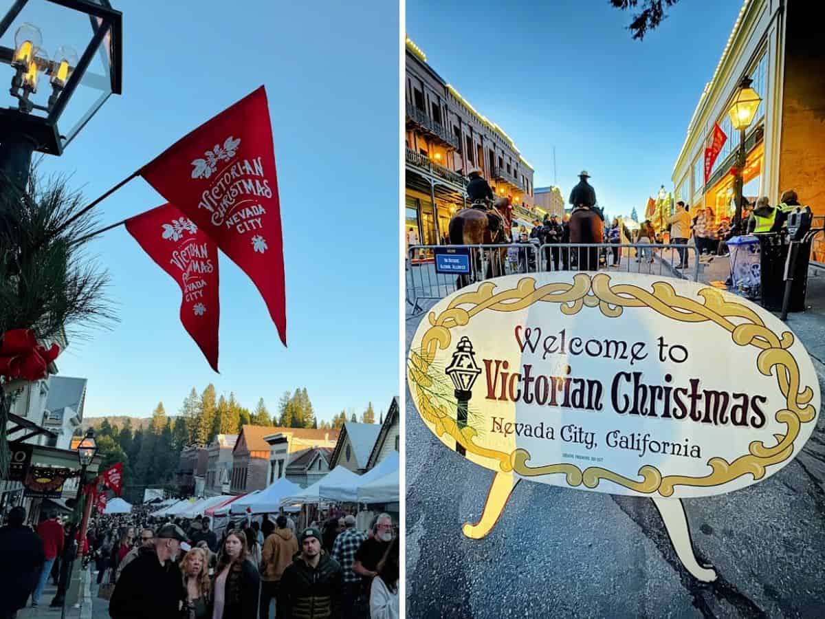 A combination of two images: red Victorian Christmas flags waving in the breeze against a clear blue sky and a welcoming "Welcome to Victorian Christmas" sign with festive decorations and bustling streets in the background.