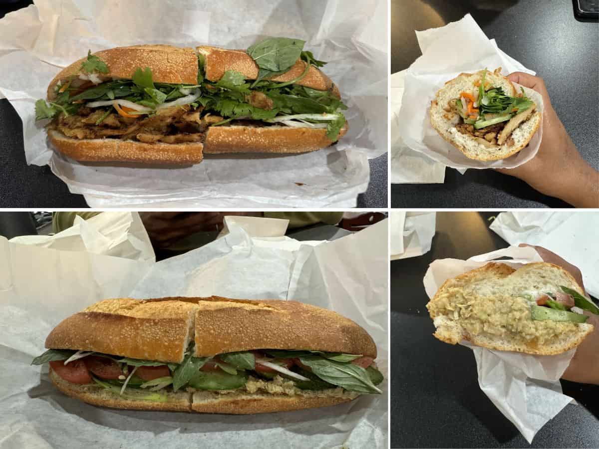 A variety of vegan bánh mì sandwiches from one of the 10 Vegan Spots in San Jose. The top-left image features a classic Vietnamese-style baguette stuffed with fresh cilantro, pickled vegetables, and seasoned vegan protein. The top-right image shows a handheld version of the bánh mì, with vibrant herbs and veggies peeking out. The bottom-left image highlights a sandwich filled with avocado, fresh greens, and tomato slices for a refreshing twist. The bottom-right image offers a close-up of a creamy vegan filling paired with cucumbers and herbs, wrapped in a crusty baguette.