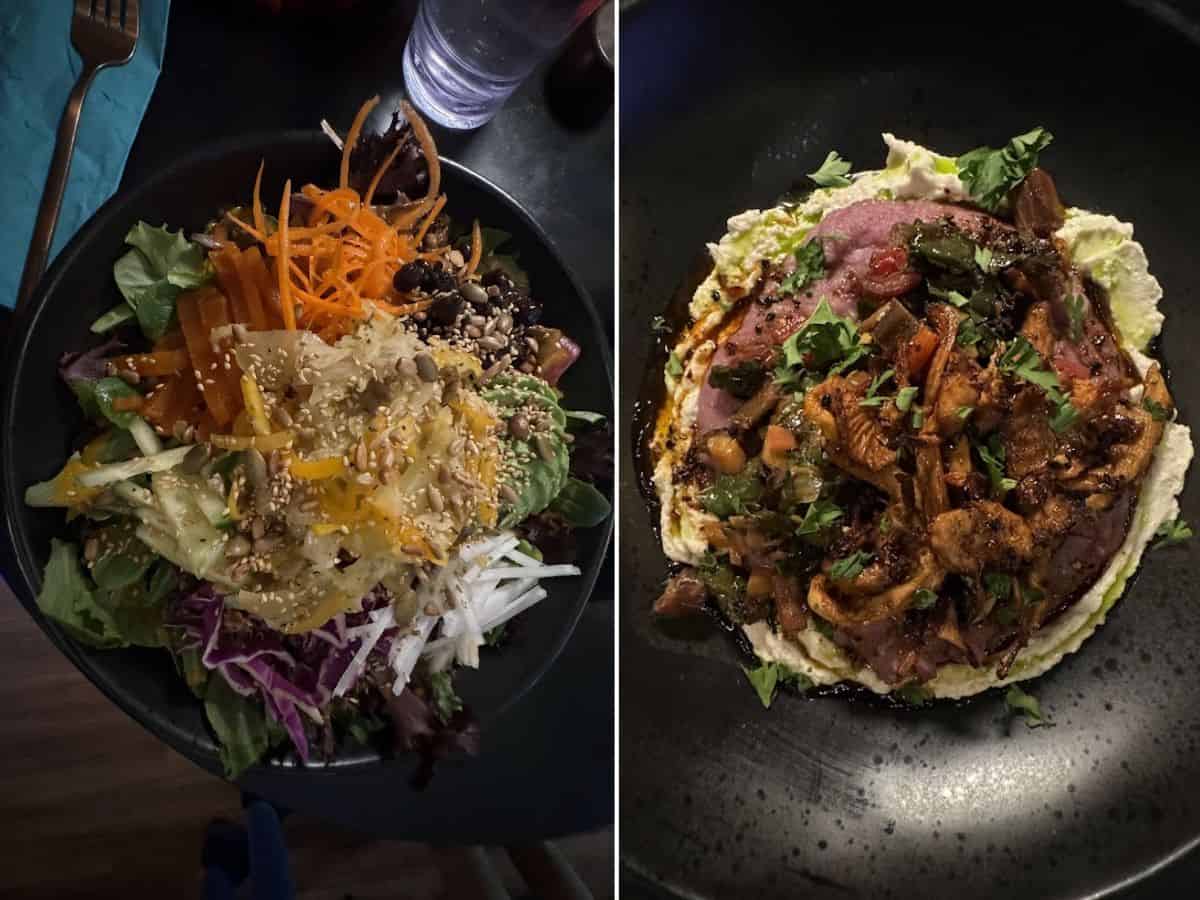 A duo of gourmet vegan dishes from one of the 10 Vegan Spots in San Jose. The left image showcases a vibrant salad made with mixed greens, shredded carrots, pickled vegetables, and a variety of seeds, all topped with sesame for a crunchy finish. The right image features a hearty plate of roasted mushrooms and sautéed vegetables layered over a creamy vegan spread, garnished with fresh herbs for an elegant presentation.