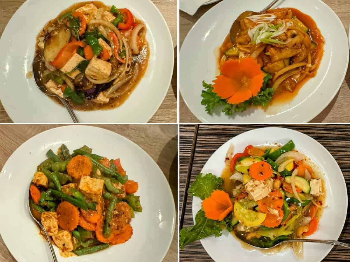 A collage of four colorful Thai dishes served on white plates, featuring a variety of vegetables, tofu, and vibrant garnishes, including carved carrot flowers.