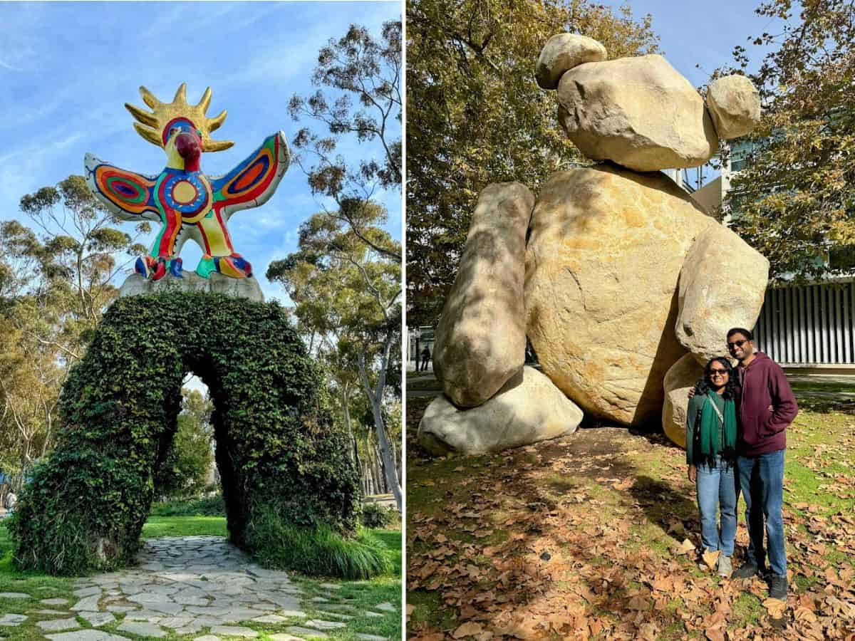 A split image of two outdoor sculptures: a colorful bird-shaped arch covered in greenery and a towering bear-like structure made from stacked boulders, with visitors posing nearby.