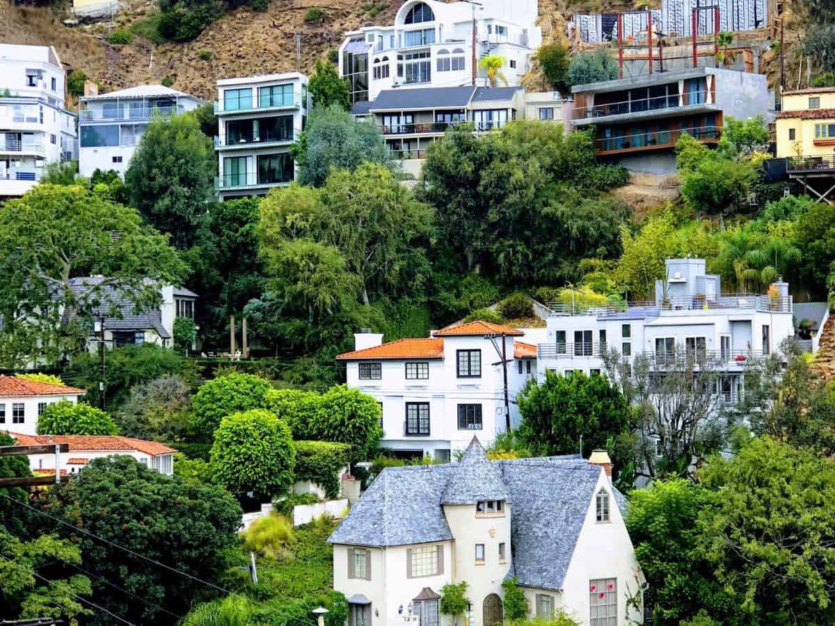 A scenic view of hillside homes in Los Angeles, showcasing a mix of modern architecture and classic designs surrounded by lush greenery. The tightly packed, luxurious residences highlight the city's desirable real estate, addressing the question: Why Is Los Angeles So Expensive? The Truth About the High Costs of Living.