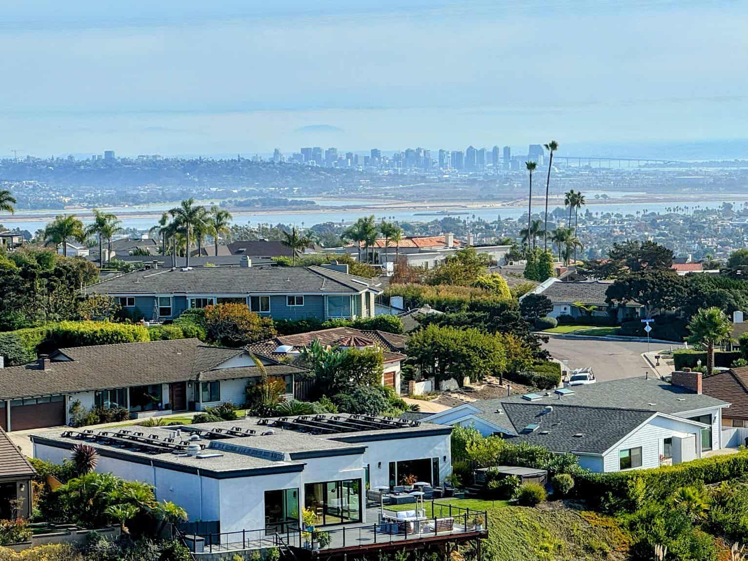 A picturesque view of San Diego’s skyline in the distance, framed by palm trees and rooftops of houses in a serene residential neighborhood.