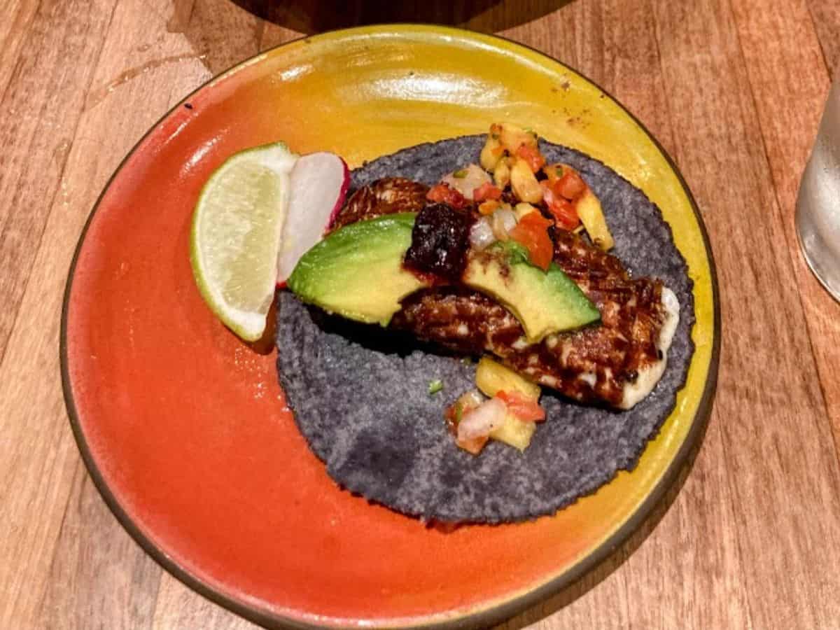 A colorful taco made with a blue corn tortilla, topped with grilled halloumi, avocado slices, pineapple salsa, and served with lime and radish slices on a vibrant orange-and-yellow plate.