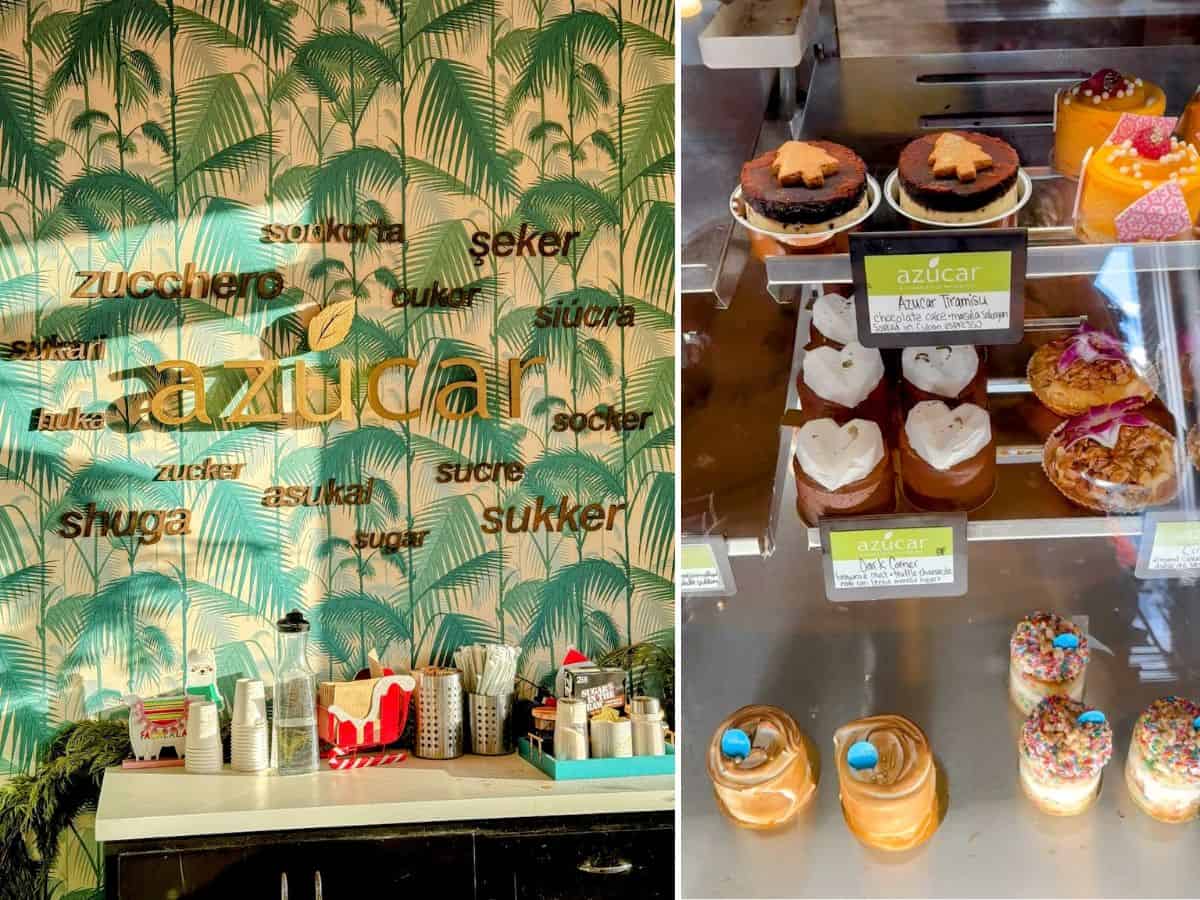 A vibrant Cuban-style patisserie named Azúcar, with a decorative green palm-leaf wallpaper featuring the word “sugar” in different languages and a display case full of colorful, gourmet desserts including Azúcar tiramisu, dark orange mousse, and sprinkle-covered treats.