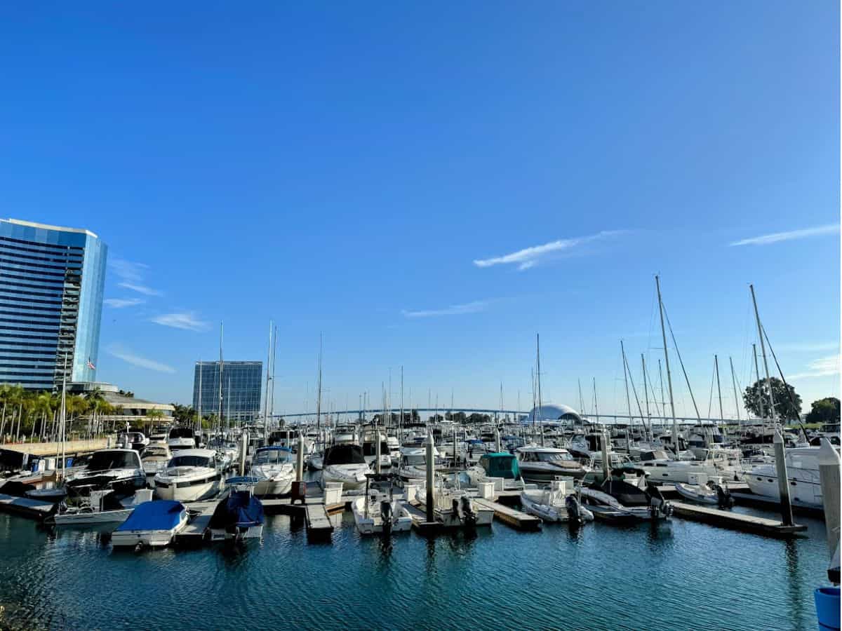 A scenic view of a marina filled with yachts and sailboats, flanked by modern glass buildings and palm trees, with a clear blue sky above and the San Diego-Coronado Bridge in the distance.