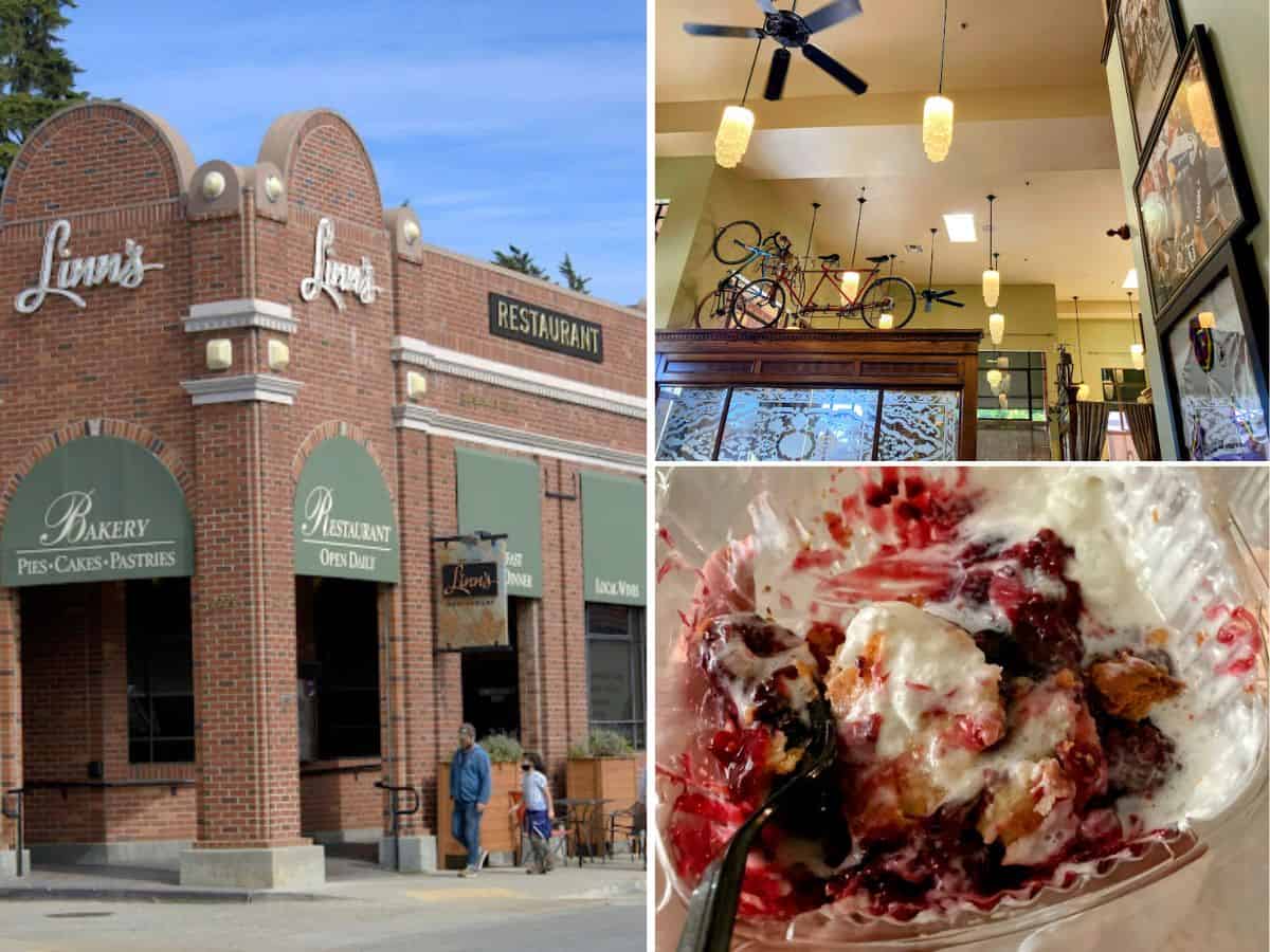 A collage of Linn’s restaurant in Cambria, California, with a brick exterior, bakery signage, a cozy dining interior, and a close-up of their signature olallieberry pie.