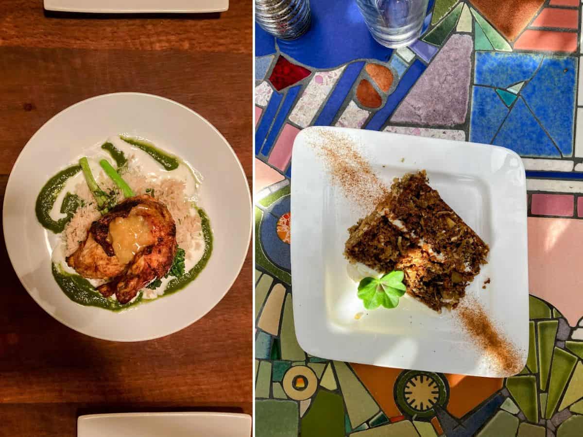 A side-by-side collage of a plated roasted chicken dish with green sauce and rice, and a slice of moist carrot cake dusted with cinnamon on a colorful mosaic table.