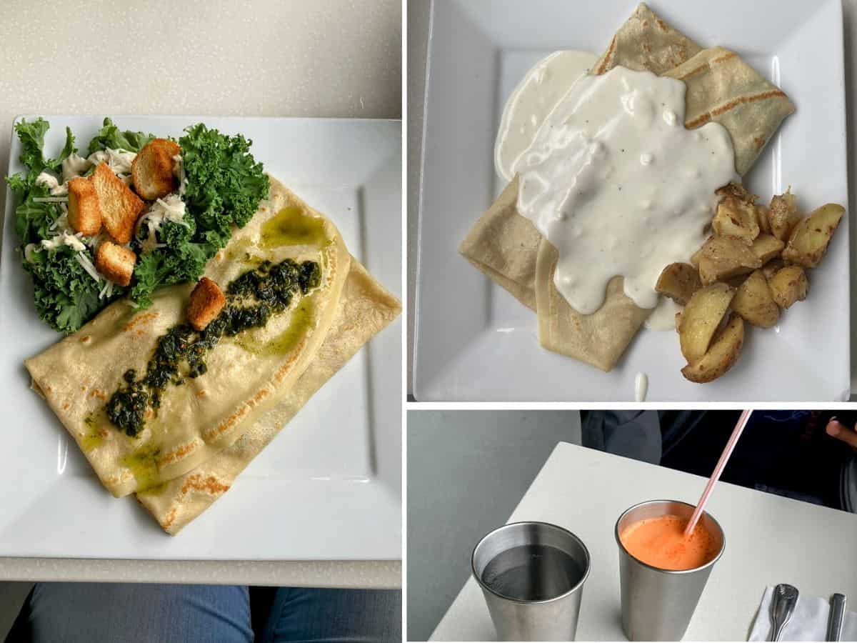 A collage of three photos featuring crepes with pesto and a Caesar salad, crepes smothered in creamy white sauce with potatoes, and two metal cups - one with water and the other with fresh carrot juice.