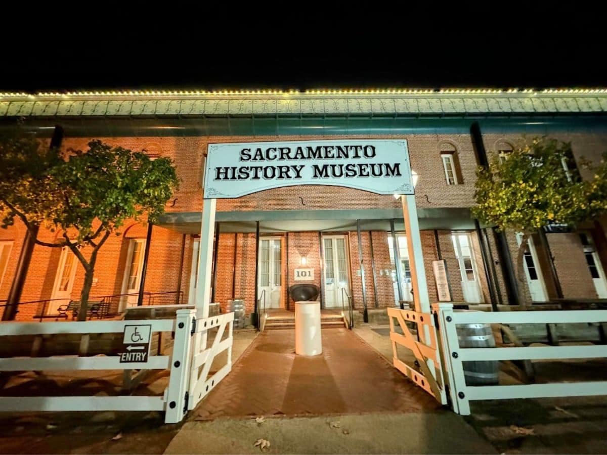The Sacramento History Museum lit up at night, showcasing one of the top educational stops featured in 32 Things To Do In Sacramento.