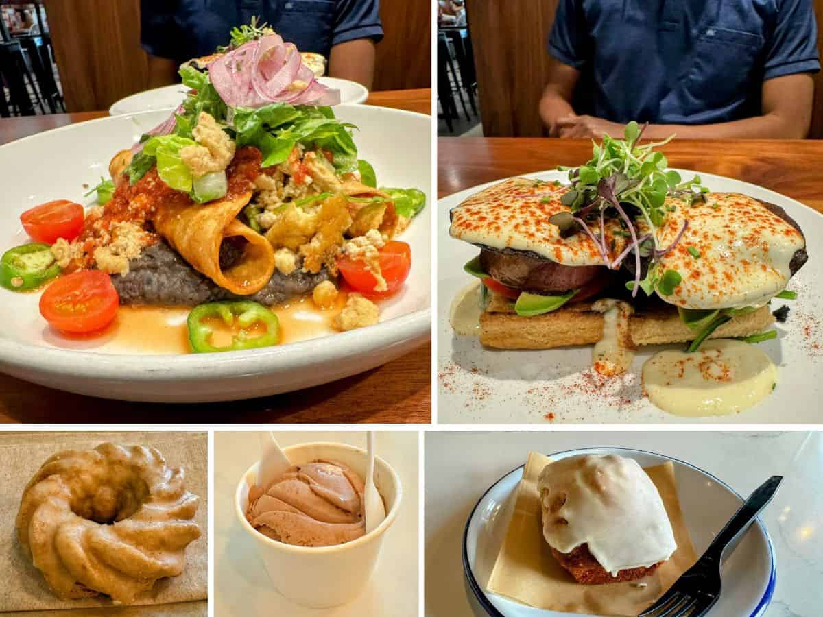 A collage of colorful dishes and desserts, including tacos, eggs benedict, a bundt cake, ice cream, and a frosted pastry, showing off foodie favorites from the 32 Things To Do In Sacramento.