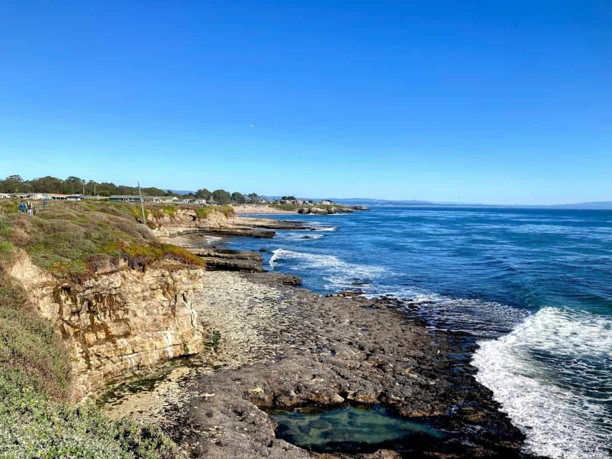 A picturesque coastal view of the Pacific Ocean with rugged cliffs and waves crashing below. Taking in the spectacular scenery at Terrace Point is a must-do among the 21 Things to Do in Santa Cruz.