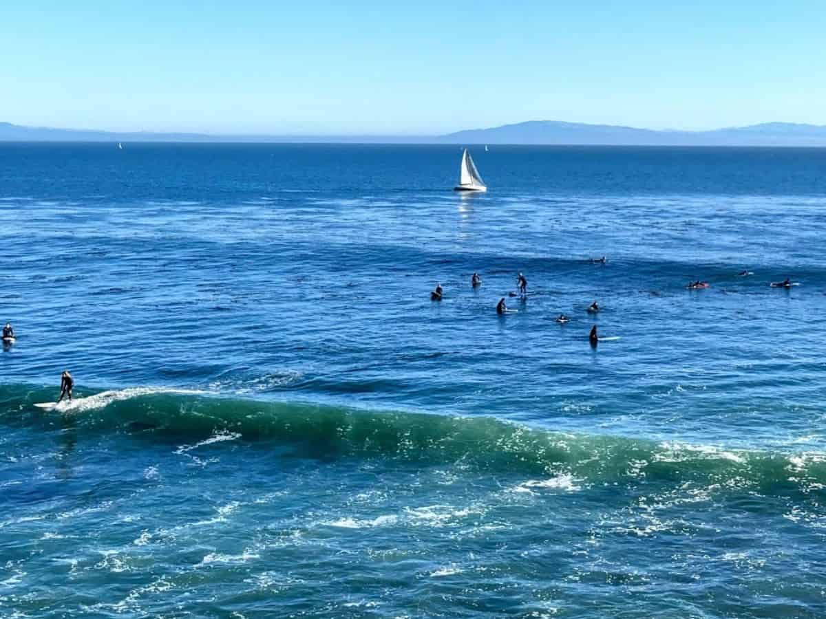 Surfers ride the waves at Steamer Lane, a world-famous surf spot in Santa Cruz. Watching skilled surfers tackle the Pacific swells is definitely among the 21 Things to Do in Santa Cruz.