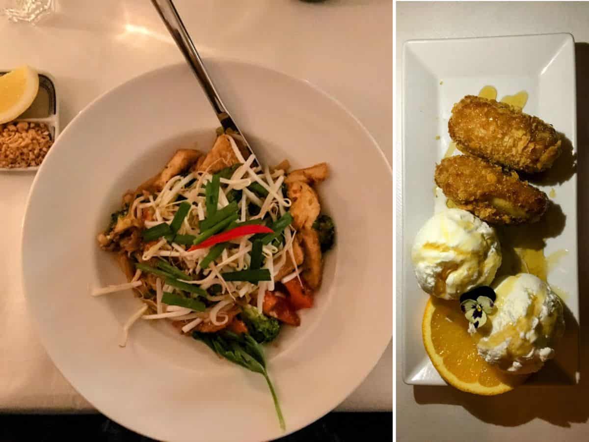 A spicy stir-fry noodle dish topped with sprouts and herbs is paired with a sweet finish of deep-fried bananas, vanilla ice cream, and orange slices at Tjabba Thai.