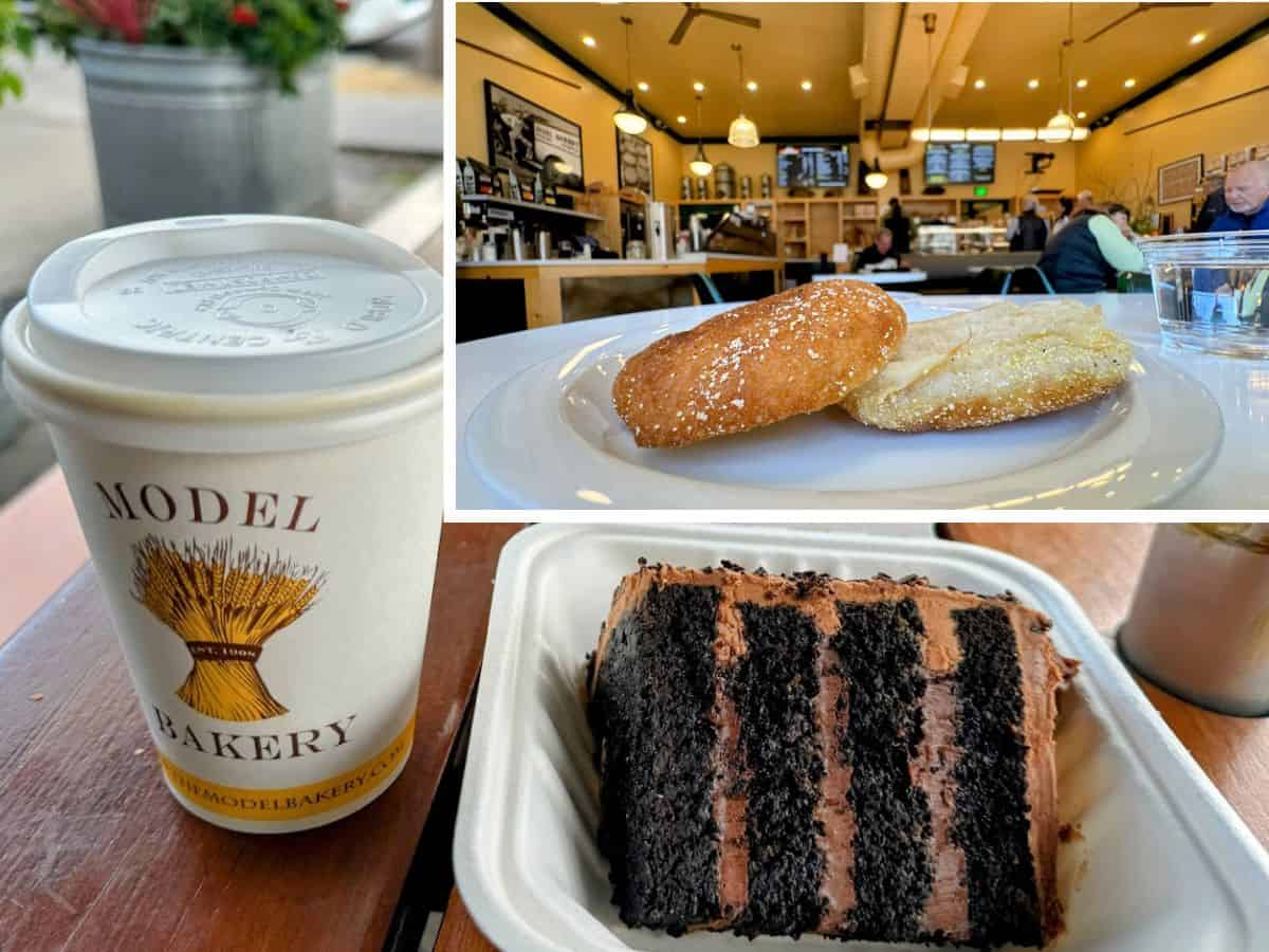 A cup of coffee from Model Bakery is paired with a plate of pastries and a decadent slice of chocolate cake, all served in a warm café setting. Known for its iconic English muffins, Model Bakery earns its place in the 17 best places to eat in Napa Valley.