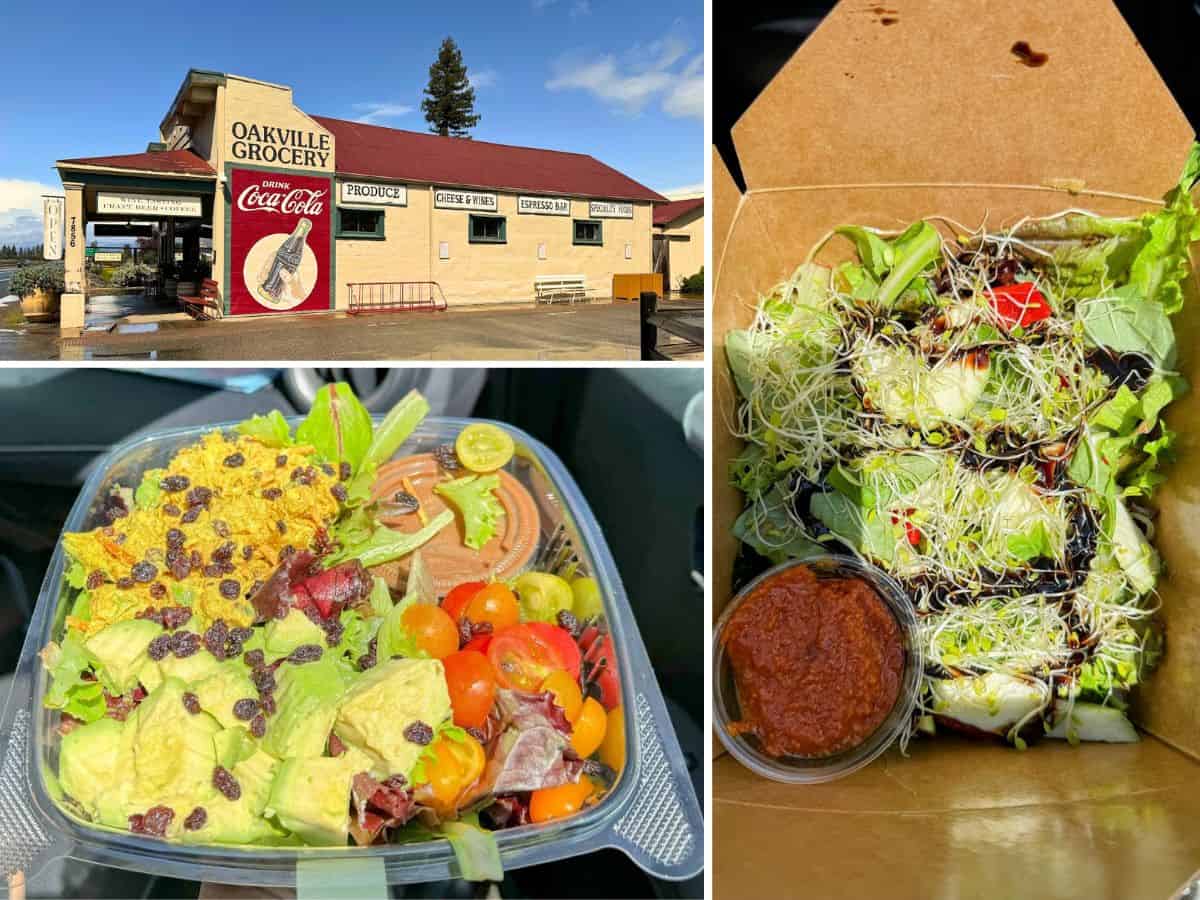 Outside view of Oakville Grocery, a historic market, paired with colorful, fresh salads loaded with avocado, raisins, cherry tomatoes, and sprouts. As one of the 17 best places to eat in Napa Valley, it's a must-stop for gourmet picnic essentials.