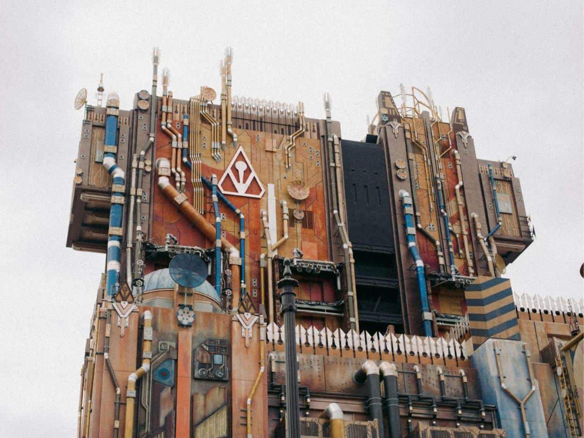 Detailed shot of the Guardians of the Galaxy – Mission: Breakout! ride with its eclectic industrial design, pipes, gears, and sci-fi insignias at California Adventure.