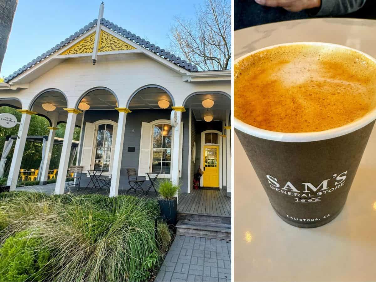 The charming exterior of Sam’s General Store in Calistoga alongside a steaming cup of coffee with its branded cup. A peaceful morning stop and one of the 17 best places to eat in Napa Valley for coffee lovers and pastry hunters alike.