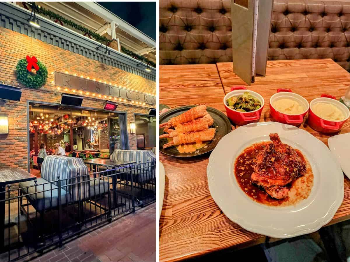 Exterior and interior views of Rustic Root, a cozy San Diego restaurant decked out with holiday lights and decor. Inside, a hearty meal of glazed pork chop, Brussels sprouts, mashed potatoes, and crispy egg rolls is served on a wooden table.