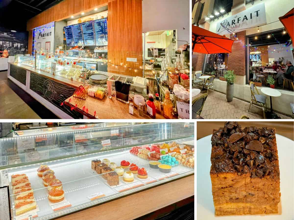 A look inside Parfait Paris, a French patisserie with a counter full of pastries and a display case of colorful macarons and cakes. Outdoor tables sit beneath red umbrellas, and a close-up shows a rich, chocolatey pastry slice.