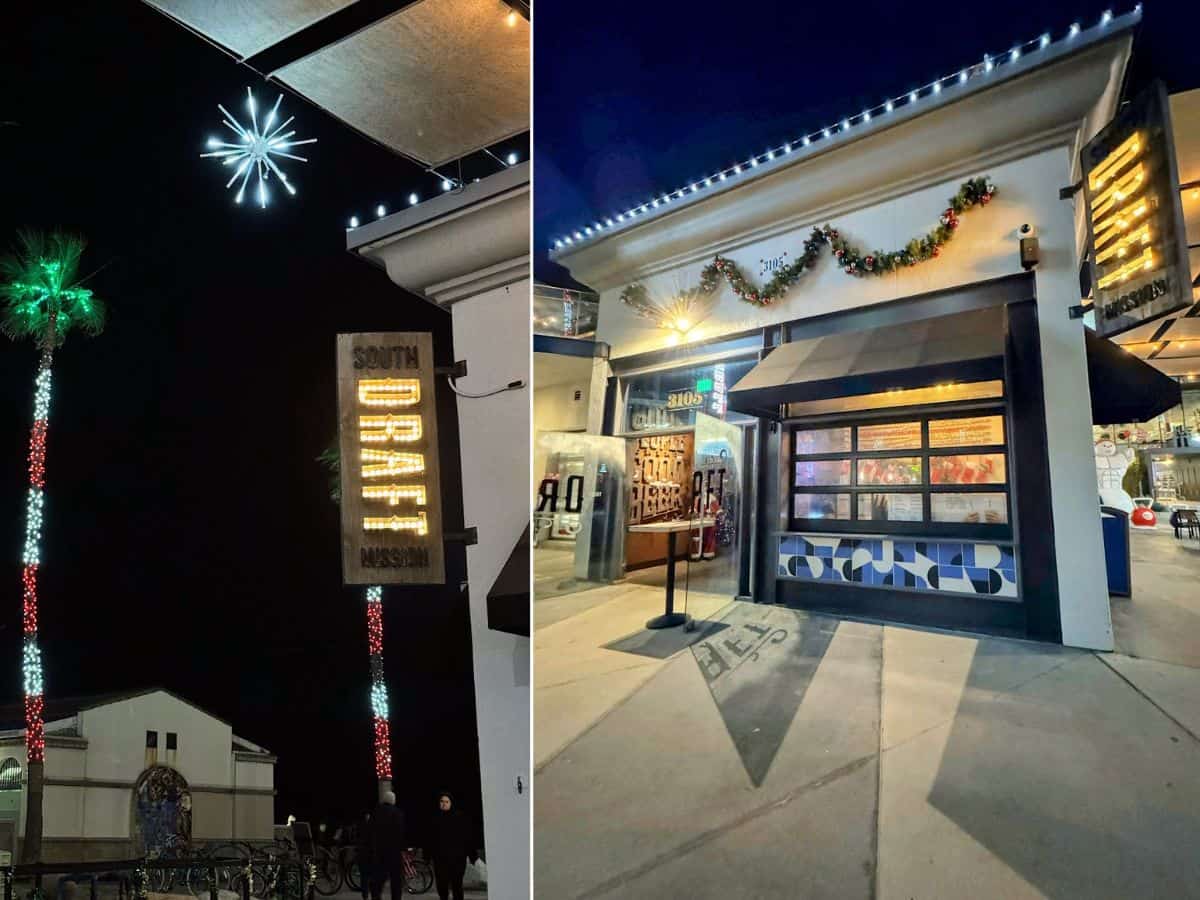 Exterior of Draft South Mission, adorned with festive holiday lights and decorations, showcasing its welcoming entrance. This bar is known as one of the best restaurants in Mission Beach, San Diego, and is a popular spot for locals and visitors alike.