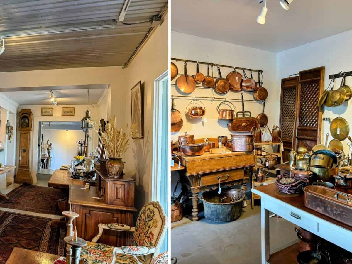 A warm and eclectic antique store filled with copper cookware, vintage furniture, and rustic decor—Caractere offers a treasure hunt for unique finds in St. Helena.